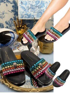 🆕 KURT GEIGER LONDON 🧿 NWOB Meena Eagle Jewel Sandal, Black Rainbow, Sz 40 US9